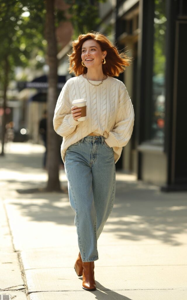 Full-body view of a white-skinned female model with sharp features and wavy hair, wearing a chunky cream knit sweater tucked slightly into high-waist light blue mom jeans, brown ankle boots, and minimal gold jewelry. She is standing on a sunny urban sidewalk in the morning, holding a coffee cup, natural daylight illuminating her face. Pose walking casually, smiling, hair flowing softly, conveying effortless street-style chic. Authentic skin texture, subtle makeup, and slight natural imperfections.