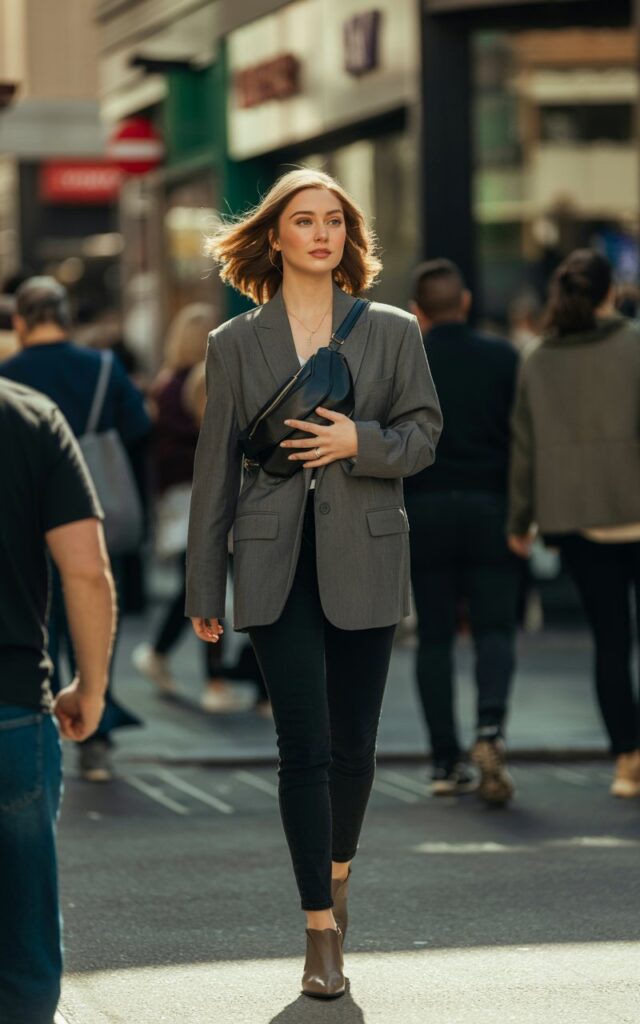 Full-body view of a white-skinned female model with sharp features, walking confidently on a bustling urban street. Natural daylight illuminates her outfit oversized gray blazer, black skinny jeans, ankle boots, and a simple leather crossbody bag. Her hair flows naturally, soft waves framing her face, minimal makeup with a hint of blush. She looks casually elegant, glancing sideways, with soft shadows enhancing realism.
