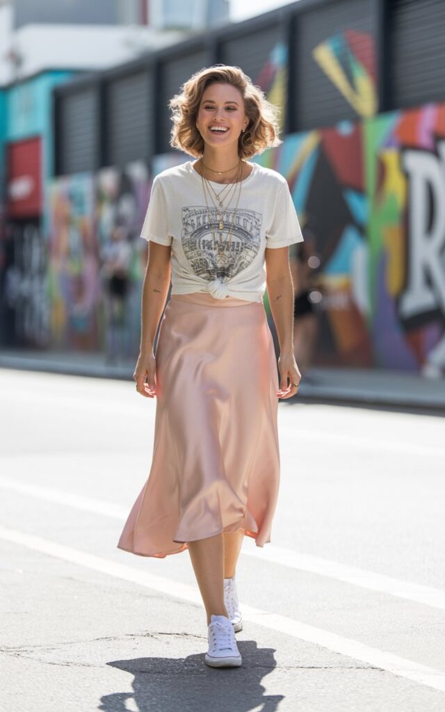 Full-body view of a white-skinned female model with shoulder-length wavy hair in soft curls, standing on an urban street mural backdrop. She wears a blush satin midi skirt and a tucked-in vintage graphic tee. Paired with sneakers and layered necklaces. The lighting is bright daylight with soft shadows. Her pose is candid, walking forward with a fun, carefree smile.
