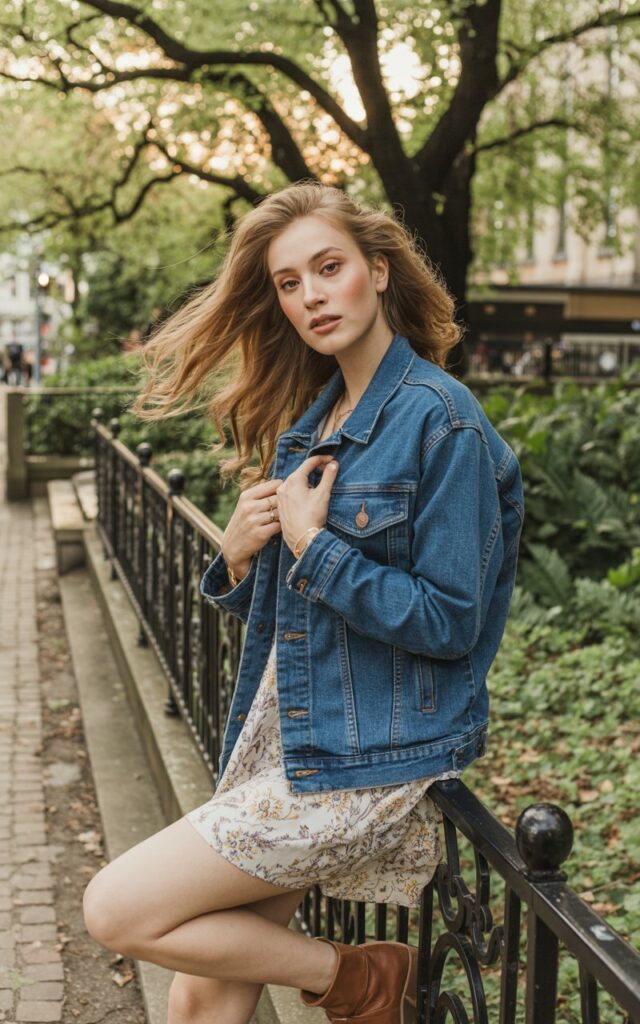 Full-body view of a white-skinned female model with symmetrical features and long wavy hair, wearing a blue denim jacket over a floral graphic dress with ankle boots. Urban park with greenery and brick paths. Soft golden hour lighting. Model leaning slightly on a railing, relaxed expression, one hand holding jacket. Skin texture visible, soft natural makeup, hair movement realistic.