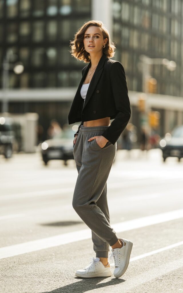 Full-body view of a white-skinned female model with symmetrical features, wearing a black cropped blazer over grey joggers and white sneakers. Standing confidently on a sunny urban street with soft daylight, hair in loose waves, minimal jewelry, and natural makeup. Pose one hand in pocket, slight smile, looking off-camera. Emphasize realistic skin texture, subtle imperfections, and editorial fashion style.