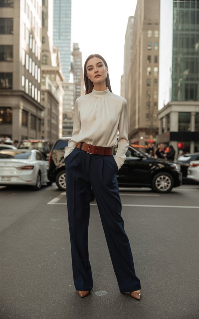 Full-body view of a white-skinned female model with symmetrical features, wearing a cream high-neck blouse tucked into navy wide-leg pants, accessorized with a brown leather belt and pointed flats. She’s standing confidently on a city street with modern office buildings in the background. Natural daylight illuminates her face and outfit. Her hair is sleek and straight, soft makeup enhancing her sharp features. She gazes toward the camera with a subtle, confident smile, hands loosely at her sides.