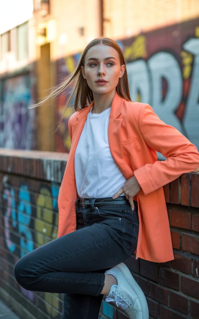 Full-body view of a white-skinned female with defined features and straight hair, wearing a bright colored blazer over a white tee, fitted jeans, and sneakers. City street with graffiti walls in the background. Late afternoon natural light. Model leaning against a wall, hand on hip, casual confident gaze. Skin texture visible, natural hair flow, minimal makeup with realistic imperfections.
