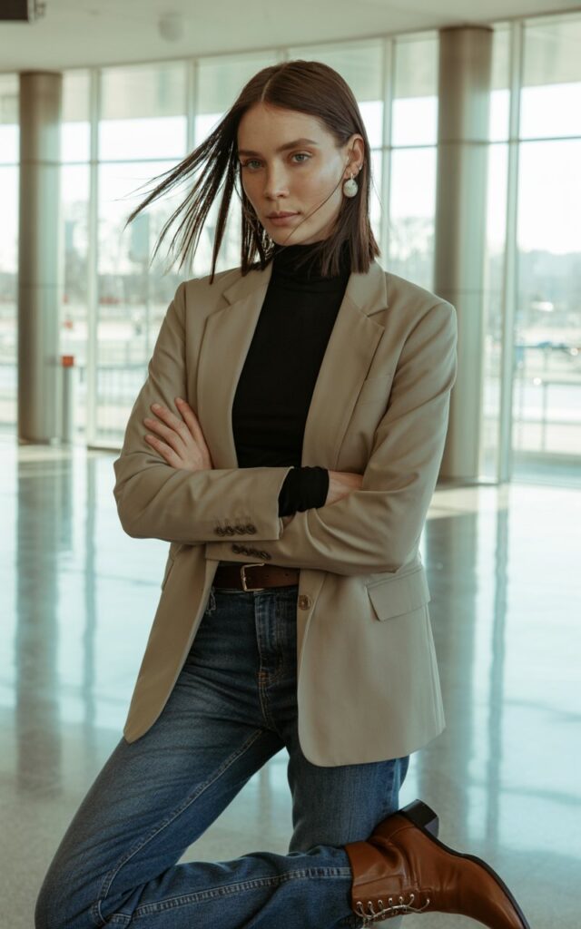 Full-body view of a white-skinned female with sharp features and straight hair, wearing a beige belted blazer over a black turtleneck, skinny blue jeans, and brown ankle boots. Background modern office lobby with natural daylight streaming through large windows. Pose standing confidently with arms crossed, slight smile, realistic hair movement. Editorial realism visible skin texture, subtle makeup, editorial lighting.