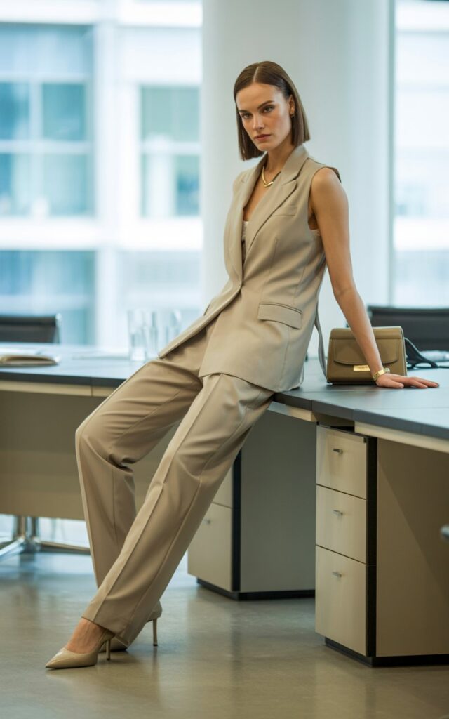 Full-body view of a white-skinned model in a beige structured vest with matching tailored trousers and pointed heels. Modern office environment with natural window light. Leaning slightly on a desk with a confident expression, hair in a sleek bob. Minimal jewelry, elegant leather handbag. Authentic skin details visible.