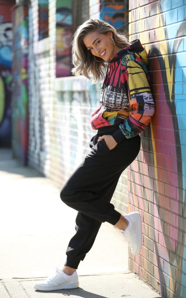 Full-body view of a white-skinned model in a bright graphic hoodie over black joggers and white sneakers. Leaning against a graffiti wall, natural daylight. Hair in a half-up, half-down style, subtle earrings, soft glowing skin. Pose one shoulder leaning, hands casually in pockets, playful expression. Emphasize authentic editorial feel and vibrant textures.