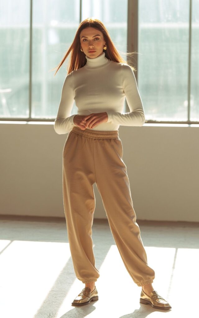 Full-body view of a white-skinned model in a cream fitted turtleneck tucked into beige joggers with tan loafers. Indoor studio with soft window light. Hair straight and flowing, subtle earrings, fresh glowing skin. Pose hands lightly clasped in front, relaxed confident expression. Emphasize fabric texture and natural editorial lighting.