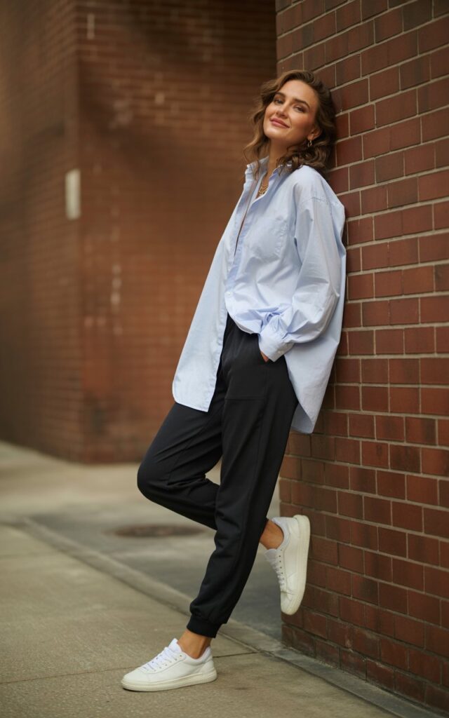 Full-body view of a white-skinned model in a light blue oversized shirt half-tucked into black joggers, paired with white sneakers. Leaning against a brick wall in natural daylight. Hair loose and wavy, minimal jewelry, soft makeup. Pose hands casually in pockets, slight smile, relaxed stance. Emphasize natural folds in fabric and authentic editorial feel.