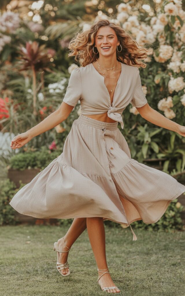 Full-body view of a white-skinned model in a soft beige tied waist top with a matching flowing skirt and strappy sandals. Garden or floral background with natural daylight. Twirling slightly for movement, playful smile, hair in loose curls. Delicate gold jewelry, soft makeup, visible skin details for natural editorial look.