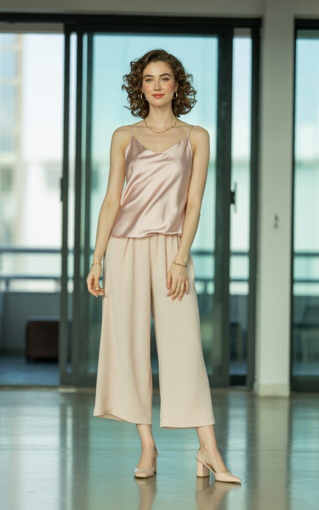 Full-body view of a white-skinned model in a soft blush satin camisole paired with cream culottes and nude heels. Indoor modern apartment with natural light from large windows. Standing elegantly with arms relaxed by sides, gentle smile, hair in soft curls. Minimal gold jewelry, subtle makeup, visible skin details.