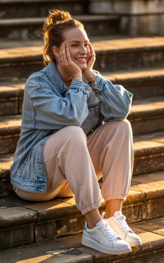 Full-body view of a white-skinned model in an oversized light blue denim jacket over beige sweatpants and white trainers. Sitting on outdoor café steps, golden hour lighting highlighting hair and skin. Hair in a messy bun, casual rings, natural makeup. Pose leaning back on hands, legs relaxed, candid smile. Editorial realism with soft shadows and natural movement.