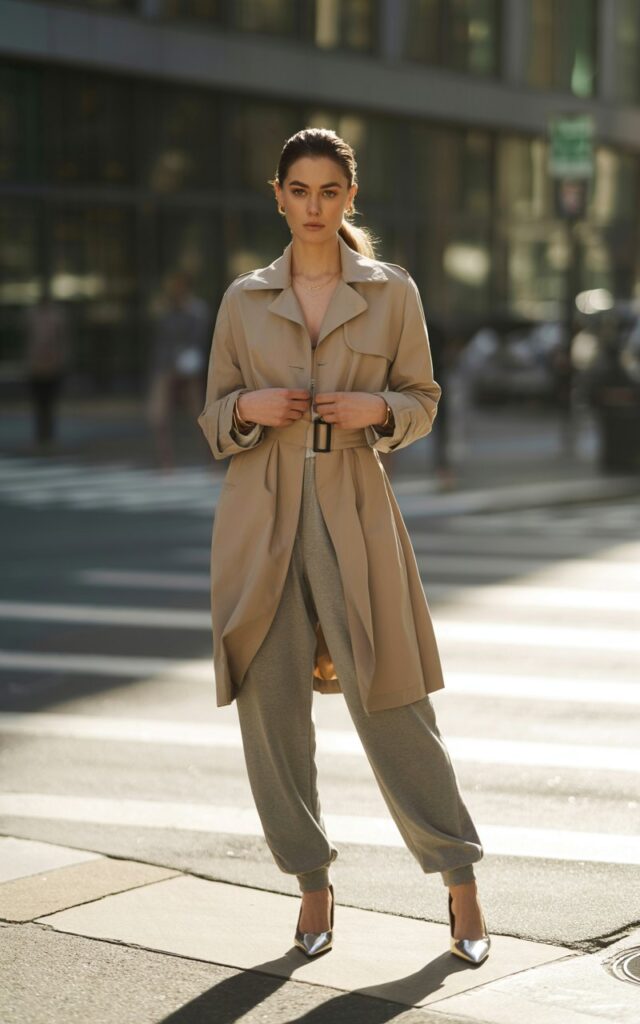 Full-body view of a white-skinned model wearing a beige belted trench coat over grey joggers and pointed flats. Standing on a city sidewalk, soft morning sunlight illuminating the scene. Hair in a sleek ponytail, minimal accessories. Pose hands on the belt, confident gaze at camera. Realistic editorial feel with fabric folds and skin texture visible.