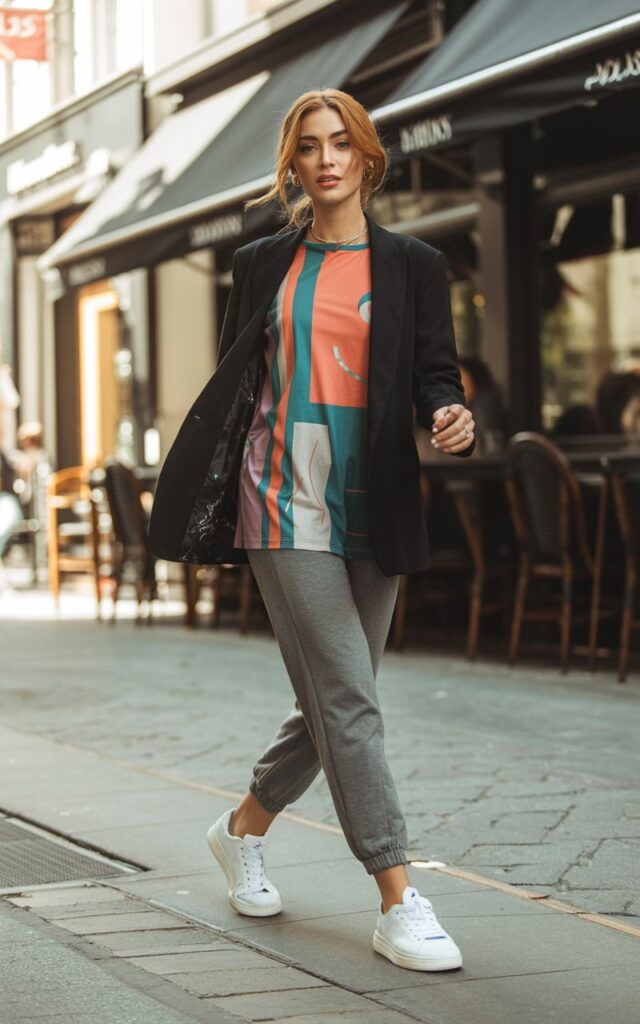 Full-body view of a white-skinned model wearing a black blazer over a colorful graphic tee with grey joggers and white sneakers. Urban café street background, soft daylight. Hair in a loose bun, subtle jewelry, natural makeup. Pose hands lightly holding blazer lapels, confident expression, mid-step. Emphasize editorial realism, outfit layering, and authentic casual-chic vibe.