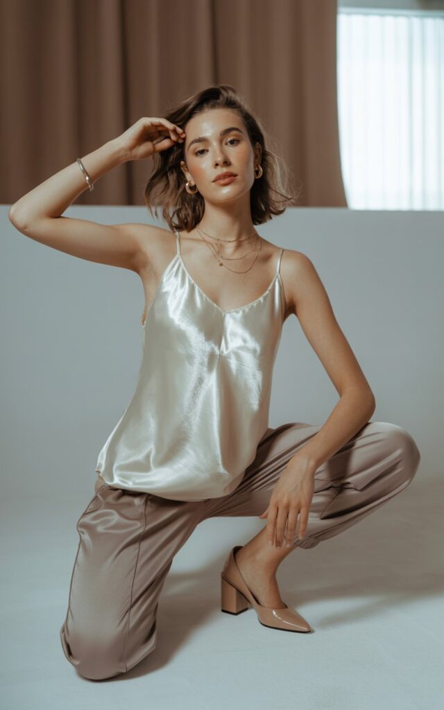 Full-body view of a white-skinned model wearing a cream silk camisole tucked into taupe joggers, paired with nude heels. Standing in front of a minimal studio backdrop with soft window light. Hair in soft waves, delicate gold jewelry, natural glowing skin. Pose hands gently touching hair, relaxed smile. Editorial style, showing fabric shine and natural skin details.