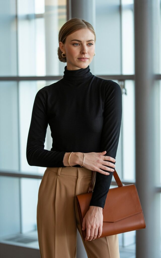 Full-body view of a white-skinned model wearing a fitted black turtleneck tucked into camel high-waist trousers with pointed heels. Indoor office scene, soft window light highlighting her outfit. Standing elegantly with one hand on her hip, subtle smile, hair in a polished low bun. Minimal gold jewelry and a leather handbag complete the look. Natural skin texture visible.