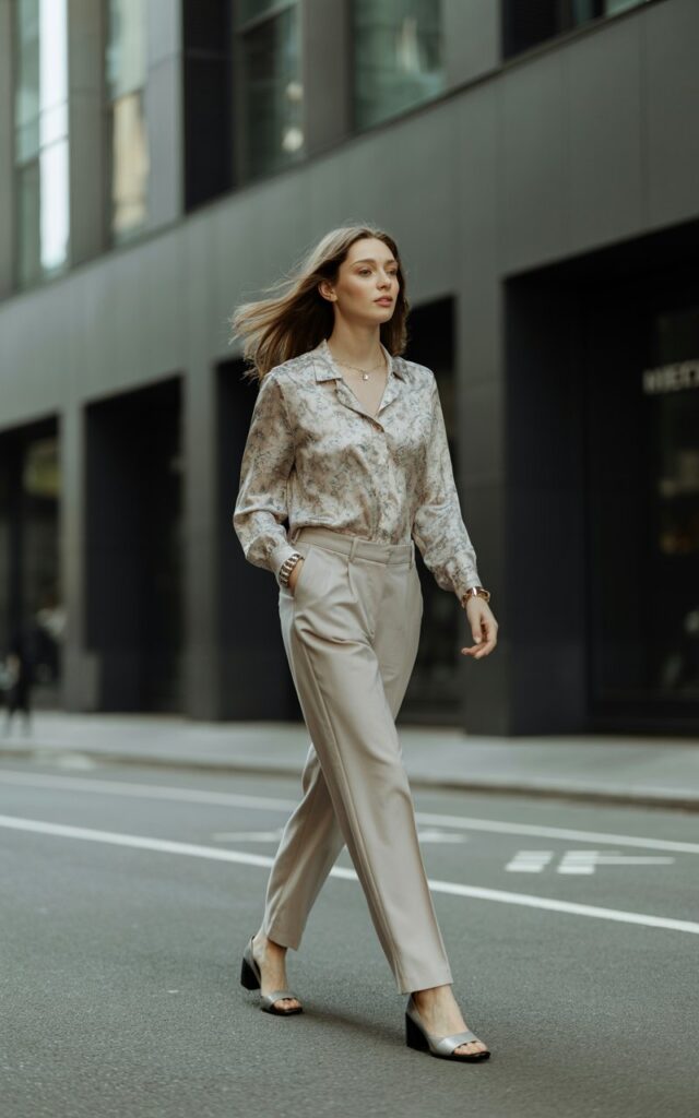Full-body view of a white-skinned model wearing a floral printed blouse tucked into beige tailored trousers with block heels. Urban street setting with diffused daylight. Walking while looking to the side, relaxed expression, hair loose and flowing. Minimal accessories, natural skin texture, editorial feel.