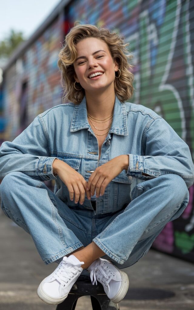 Full-body view of a white-skinned model wearing a light-wash denim jacket with matching high-waist jeans and white sneakers. Urban graffiti wall as background, natural daylight. Standing with legs crossed and hands in pockets, playful smile. Hair in loose beachy waves, delicate layered necklaces. Authentic skin texture, casual editorial style.