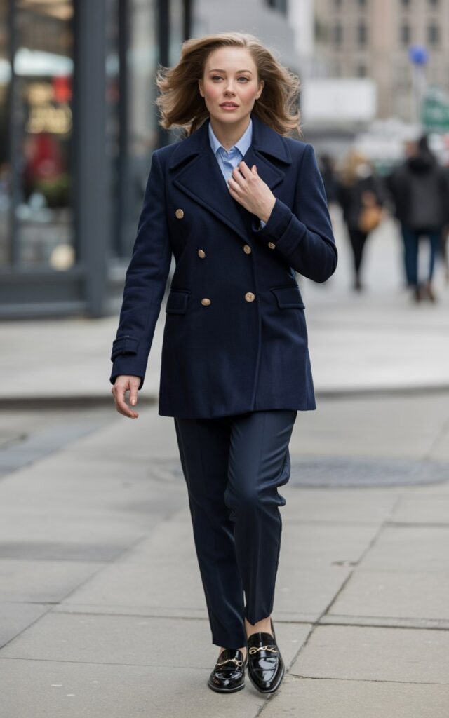 Full-body view of a white-skinned model wearing a navy peacoat with matching trousers and loafers. Urban street scene with soft overcast lighting. Walking while adjusting coat collar, confident expression, hair in loose waves. Minimal accessories, natural makeup, realistic skin texture.