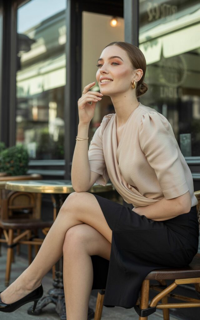 Full-body view of a white-skinned model wearing a soft beige wrap blouse tucked into a black pencil skirt with pointed heels. Indoor café scene with soft window light. Sitting on a chair with one leg crossed elegantly, gentle smile, hair in a sleek low bun. Minimal gold jewelry, natural makeup, realistic skin tones.