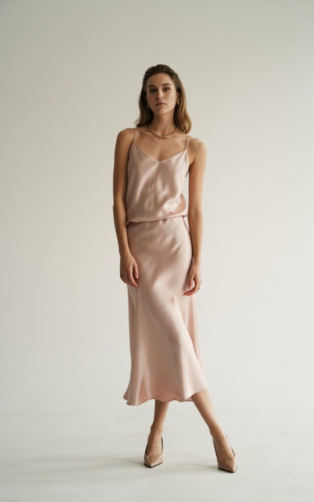 Full-body view of a white-skinned model wearing a soft blush silk camisole with a matching midi skirt and nude heels. Indoor minimalist studio with natural light. Standing with one foot slightly forward, confident gaze, hair in soft waves. Delicate gold jewelry, subtle makeup, realistic skin details.