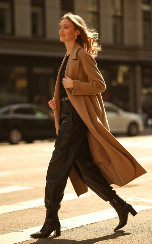Full-body view of a white-skinned model wearing metallic silver flats with black joggers and cream blouse. Urban street with warm daylight. Hair in a low ponytail, subtle rings, soft natural makeup. Pose mid-step, looking down at shoes, gentle smile. Emphasize reflective surfaces, fabric textures, and realistic editorial styling.
