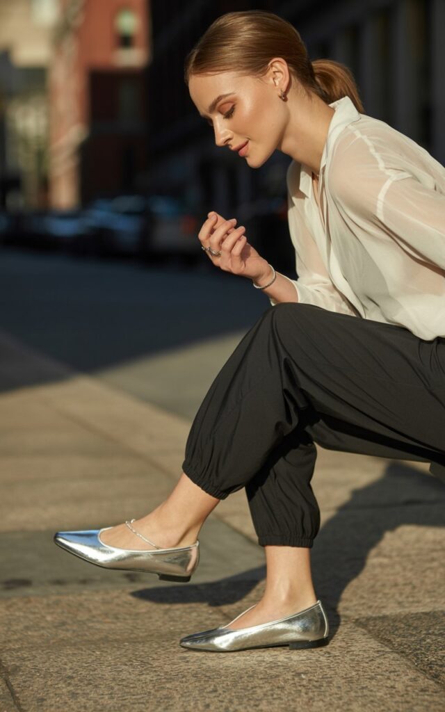 Full-body view of a white-skinned model wearing metallic silver flats with black joggers and cream blouse. Urban street with warm daylight. Hair in a low ponytail, subtle rings, soft natural makeup. Pose mid-step, looking down at shoes, gentle smile. Emphasize reflective surfaces, fabric textures, and realistic editorial styling.