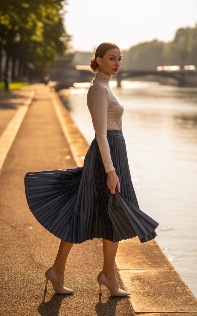 Full-body view of a white-skinned model with a neat low bun, wearing a fitted beige turtleneck and a flowing pleated navy midi skirt. Photographed along a quiet riverside walkway at golden hour. She turns slightly, letting the skirt fan out. Clean, crisp lighting and soft skin glow.