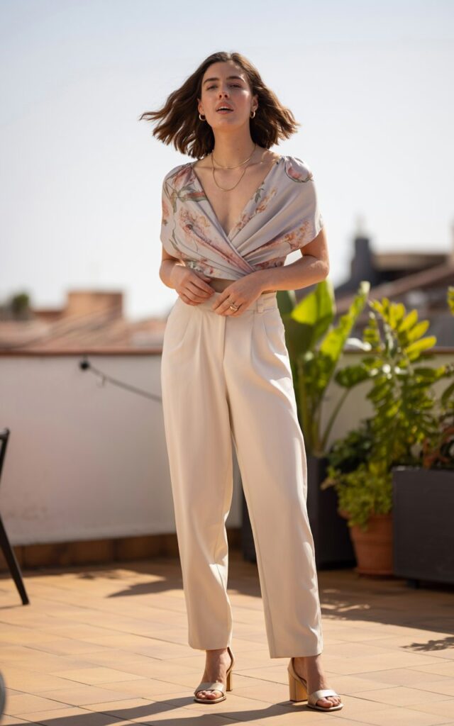 Full-body view of a white-skinned model with brown shoulder-length hair, wearing a floral wrap top, cream high-waist trousers, nude heels, and delicate jewelry. Rooftop patio background with soft daylight. Hands lightly clasped, candid expression. Realistic skin, subtle imperfections, folds in wrap top and trousers emphasized.