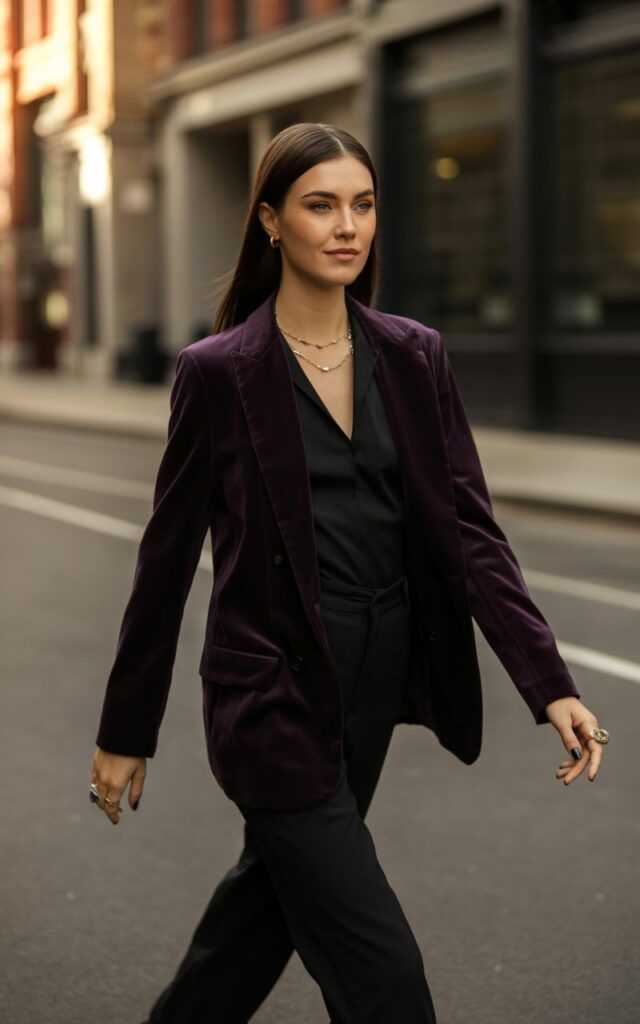 Full-body view of a white-skinned model with dark brown straight hair, wearing an all-black fitted ensemble topped with a deep purple velvet blazer and pointed boots. Accessories layered necklaces, rings. Pose walking confidently on a quiet urban street. Lighting soft evening light highlighting velvet texture. Expression subtle smile, head slightly turned, natural editorial look.