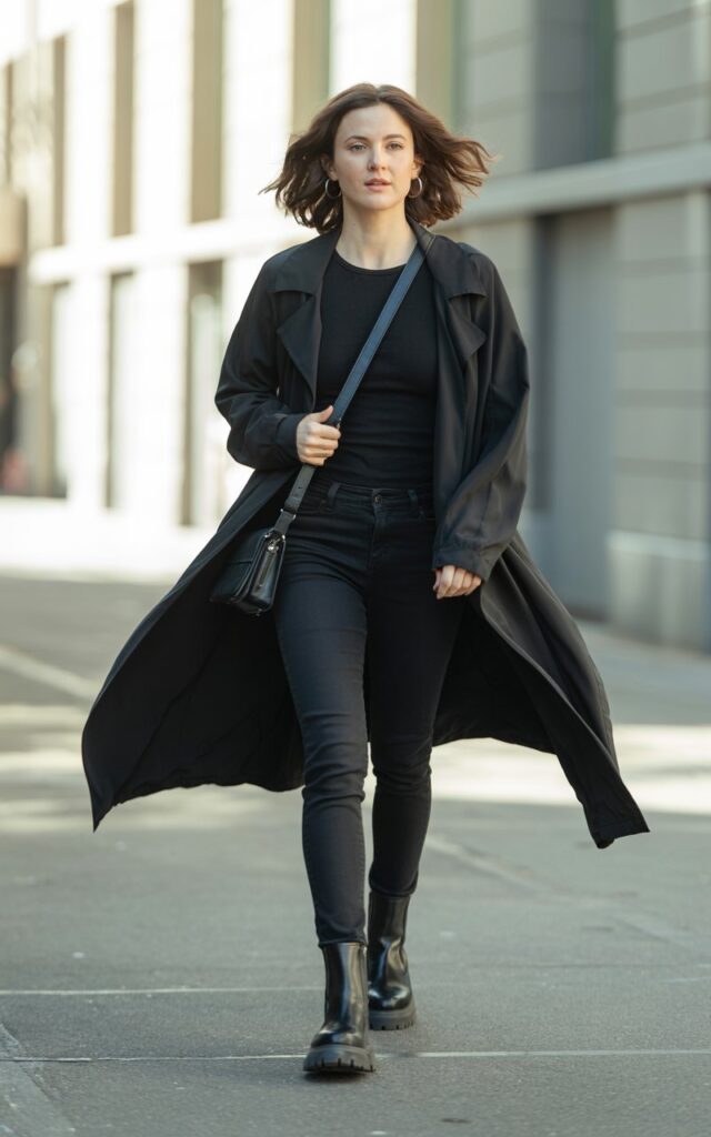 Full-body view of a white-skinned model with dark brown wavy hair, wearing a long black trench coat over a fitted black top and black skinny pants, paired with chunky combat boots. Accessories minimalist black leather bag, silver hoop earrings. Pose walking along a city sidewalk, coat flowing naturally. Lighting natural daylight, soft shadows from buildings. Expression determined, looking ahead with a slight smirk, realistic skin texture.