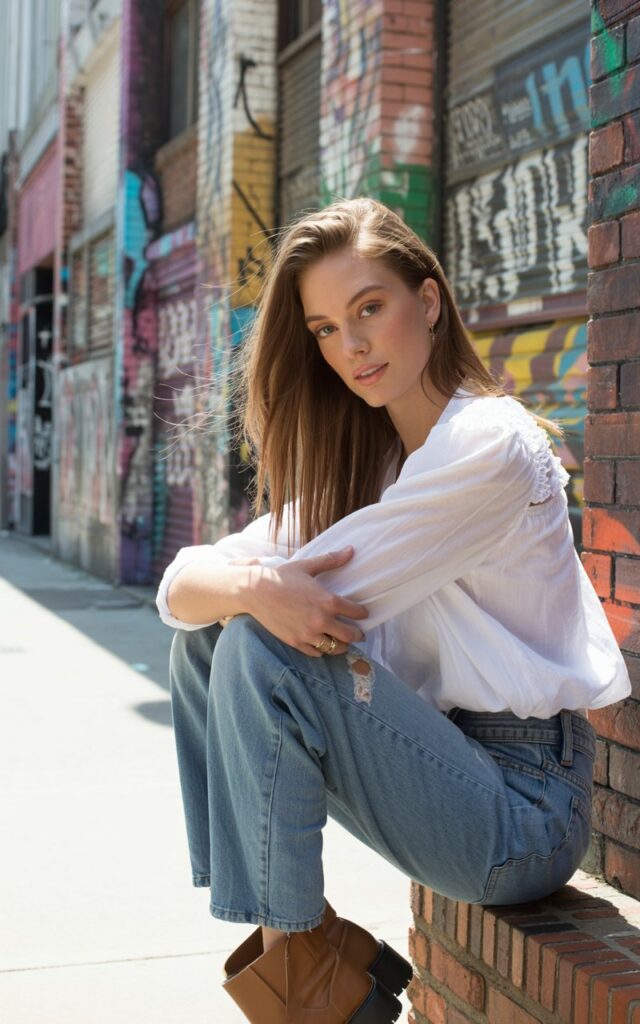 Full-body view of a white-skinned model with defined features, straight long hair, wearing a white ruffled blouse, distressed jeans, and ankle boots. Urban street with murals. Natural daylight. Model leaning against a wall, arms crossed casually, soft smile. Natural skin texture, light makeup, realistic hair flow.