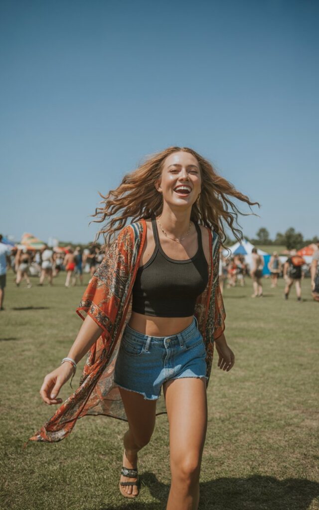 Full-body view of a white-skinned model with defined features, wavy long hair, wearing a patterned kimono over a black crop top and denim shorts with sandals. Summer festival field with tents. Bright daylight. Model walking with hair flowing, laughing. Natural skin textures, subtle makeup, realistic hair movement.