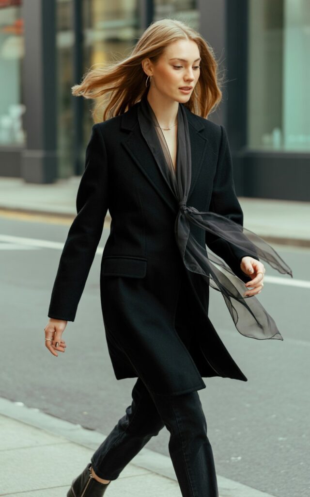 Full-body view of a white-skinned model with golden blonde hair, wearing a tailored black coat with a sheer black scarf tied at the neck and slim black pants, paired with ankle boots. Accessories minimalist earrings, rings. Pose walking along a city street, scarf moving with the wind. Lighting soft daylight, slightly overcast. Expression calm and elegant, head slightly down, subtle makeup.