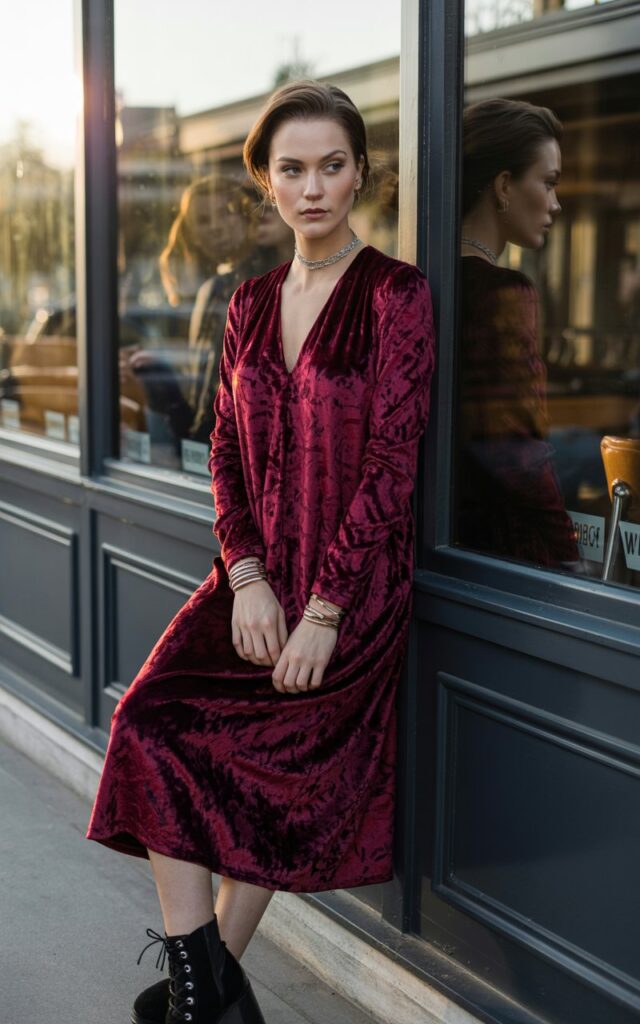 Full-body view of a white-skinned model with high cheekbones and sleek brunette hair, wearing a deep burgundy velvet midi dress with black lace-up ankle boots. Accessories silver choker, layered bracelets. Pose standing elegantly near a café window, hands loosely clasped. Lighting golden hour with soft warm glow on the velvet. Expression serene and slightly mysterious, subtle natural makeup.