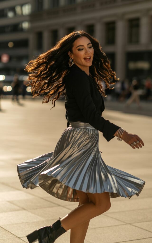 Full-body view of a white-skinned model with long wavy black hair, wearing a metallic silver pleated skirt, fitted black top, and black ankle boots. Accessories bold earrings, layered rings. Pose spinning slightly in a city plaza to show skirt movement. Lighting golden hour for reflective shine on metallic skirt. Expression playful and energetic, natural editorial makeup.
