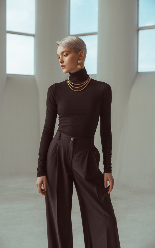 Full-body view of a white-skinned model with platinum blonde hair, wearing a black fitted turtleneck, matching wide-leg trousers, and statement gold earrings and necklace. Studio interior with soft window light. Standing straight, arms relaxed by sides, neutral yet confident expression. Emphasis on textures, skin, and jewelry reflections. Editorial realism, slight imperfections for authenticity.