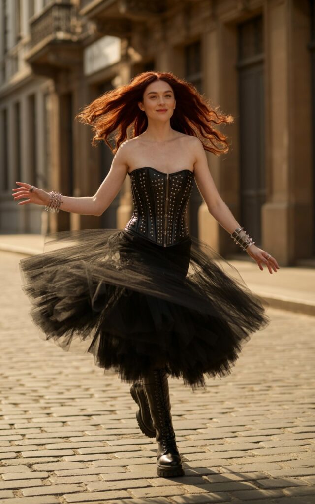 Full-body view of a white-skinned model with red hair, wearing a black studded corset and layered black tulle skirt with combat boots. Accessories spiked bracelets, layered rings. Pose walking with one foot forward, twirling slightly to show skirt layers. Setting cobblestone street in front of vintage architecture. Lighting warm evening light with shadows emphasizing texture. Expression confident and playful, slight smile.