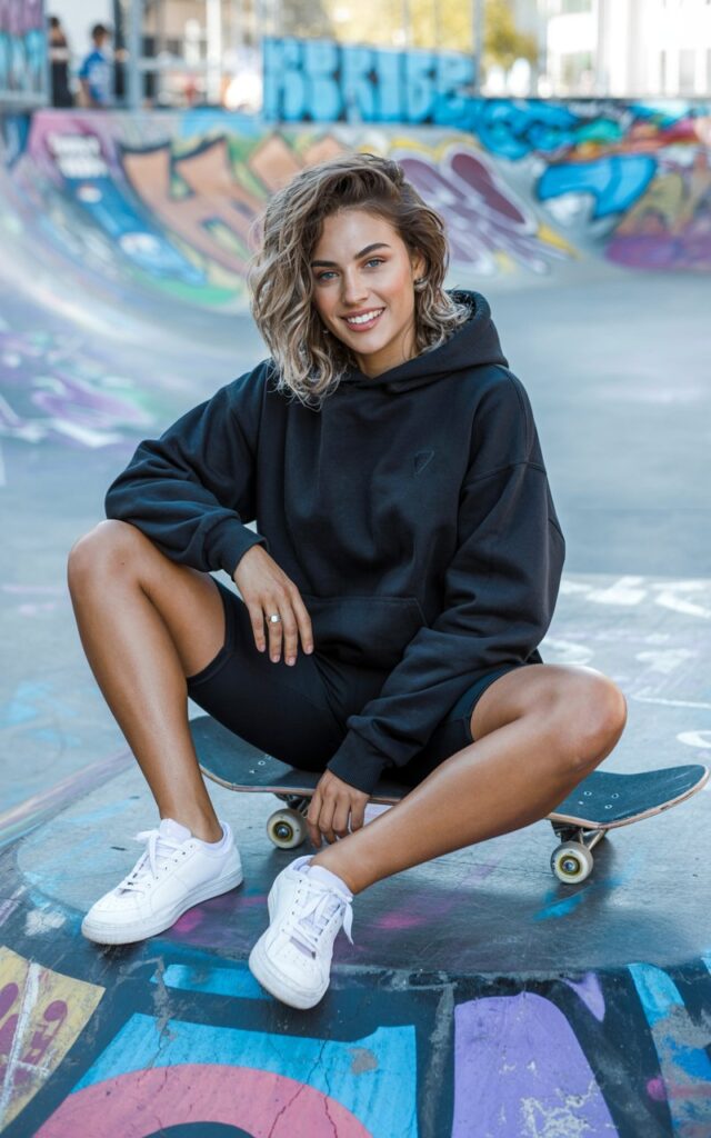 Full-body view of a white-skinned model with sharp cheekbones and wavy hair, wearing an oversized black hoodie, black bike shorts, and white sneakers. Skate park setting with graffiti and ramps. Bright daylight. Model sitting on a skateboard, relaxed and smiling at camera. Natural skin detail, tousled hair, light makeup.
