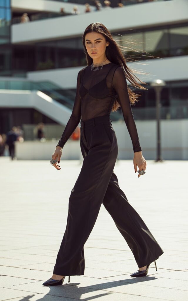 Full-body view of a white-skinned model with sharp features and long jet-black hair, wearing a black mesh bodysuit tucked into high-waisted wide-leg black trousers and black heels. Accessories bold necklace, rings. Pose walking in a modern urban plaza, hands relaxed at sides. Lighting bright natural daylight with soft shadows. Expression fierce, intense gaze, slight wind in hair for realism.