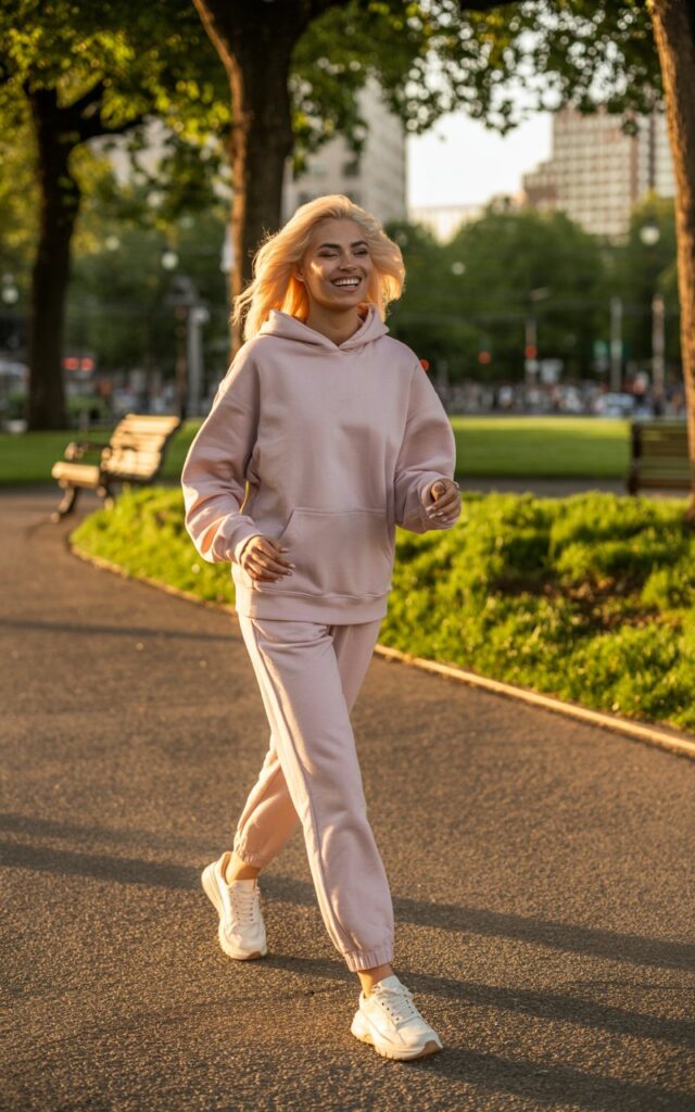 Full-body view of a white-skinned model with sharp features and long platinum blonde hair, wearing a pastel pink matching tracksuit set with chunky white sneakers. Background is a city park during golden hour. Model walks confidently, hands relaxed, hair flowing, playful grin. Accessories minimal, skin texture and natural imperfections visible.