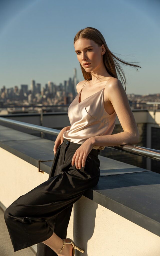 Full-body view of a white-skinned model with sharp features and straight hair, wearing a champagne satin camisole, black wide-leg pants, and strappy heels. Modern rooftop with city skyline. Golden hour soft light. Model leaning slightly on railing, relaxed confident gaze. Realistic skin textures, subtle imperfections, hair naturally flowing.
