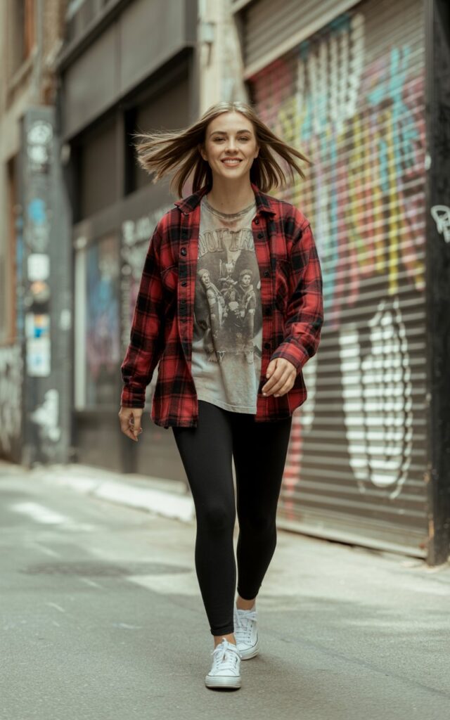 Full-body view of a white-skinned model with sharp features, shoulder-length straight hair, wearing a red plaid shirt, vintage band tee, black leggings, and sneakers. City alley background with graffiti. Soft daylight. Model walking forward with relaxed stance, smiling naturally. Skin texture and natural hair flow visible, light makeup.
