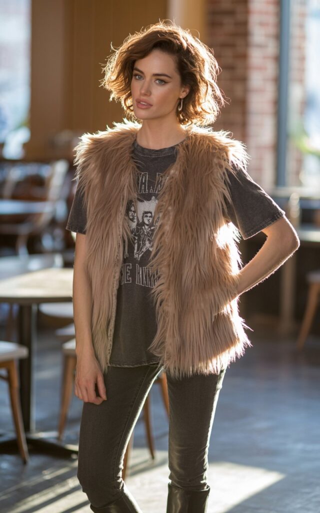 Full-body view of a white-skinned model with sharp jawline, shoulder-length wavy hair, wearing a beige faux fur vest over a black band tee, skinny jeans, and boots. Indoor café setting with exposed brick walls. Soft indoor lighting. Model standing casually, one hand on hip, playful smirk. Natural skin texture, subtle makeup, realistic hair movement.