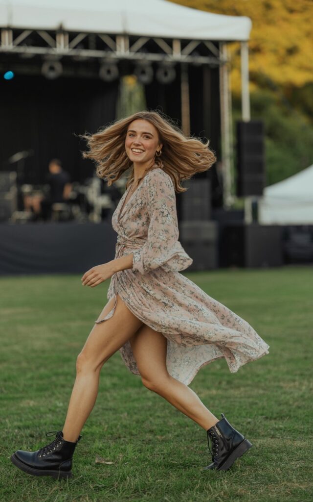 Full-body view of a white-skinned model with sharp symmetrical features, medium-length wavy hair, wearing a floral wrap dress and black combat boots. Outdoor festival with grass and blurred stage in background. Soft late afternoon sunlight. Model walking, mid-spin, smiling naturally. Skin texture visible, hair flow natural, subtle makeup.