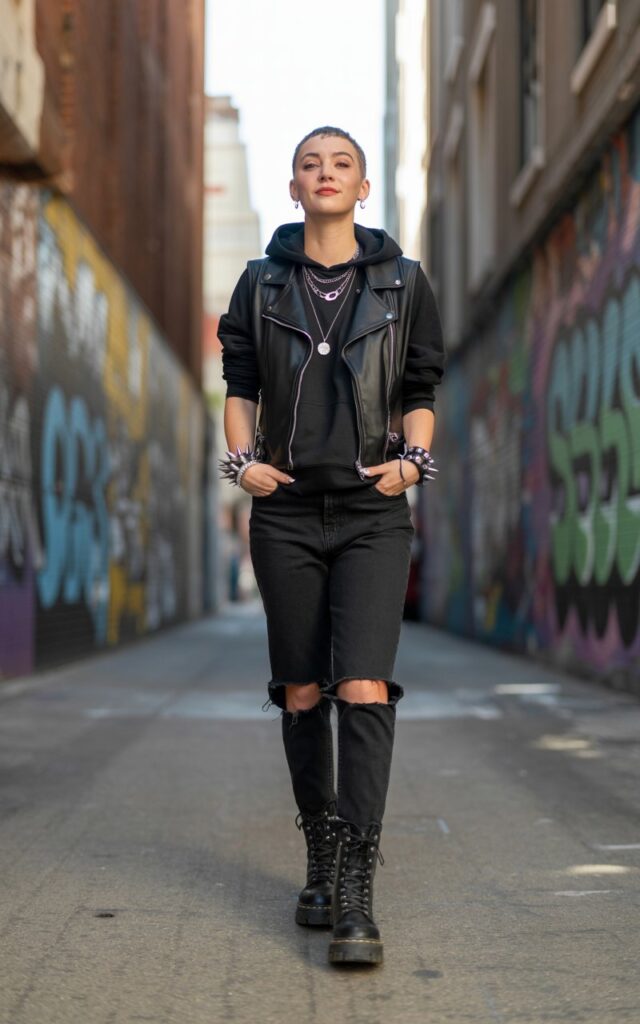 Full-body view of a white-skinned model with short dark hair, wearing a black hoodie layered under a fitted black leather vest with ripped black jeans and combat boots. Accessories spiked bracelets, layered necklaces. Pose walking on a graffiti-lined alley street, hands in pockets. Lighting soft natural daylight with urban shadows. Expression casual, confident, slight smile, natural skin texture.