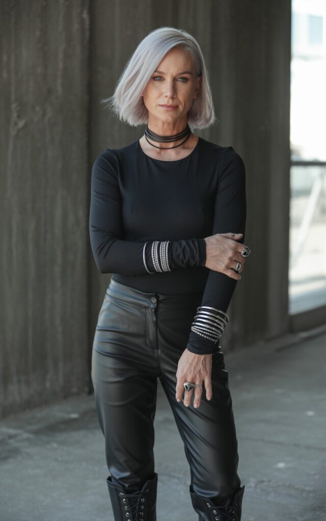 Full-body view of a white-skinned model with shoulder-length silver hair, wearing an all-black fitted outfit with multiple chokers, layered bracelets, and rings, paired with leather pants and boots. Pose standing against a dark industrial wall, arms crossed to highlight accessories. Lighting soft natural light emphasizing textures. Expression confident smirk, natural skin texture, subtle makeup.