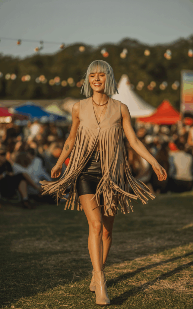 Full-body view of a white-skinned model with symmetrical face, sharp cheekbones, and straight shoulder-length hair. Beige fringe vest, black mini skirt, ankle boots, layered necklaces. Outdoor festival with tents and lights in background. Warm sunlight, soft shadows. Model twirling slightly, playful smile. Visible skin texture, soft makeup, natural hair imperfections.