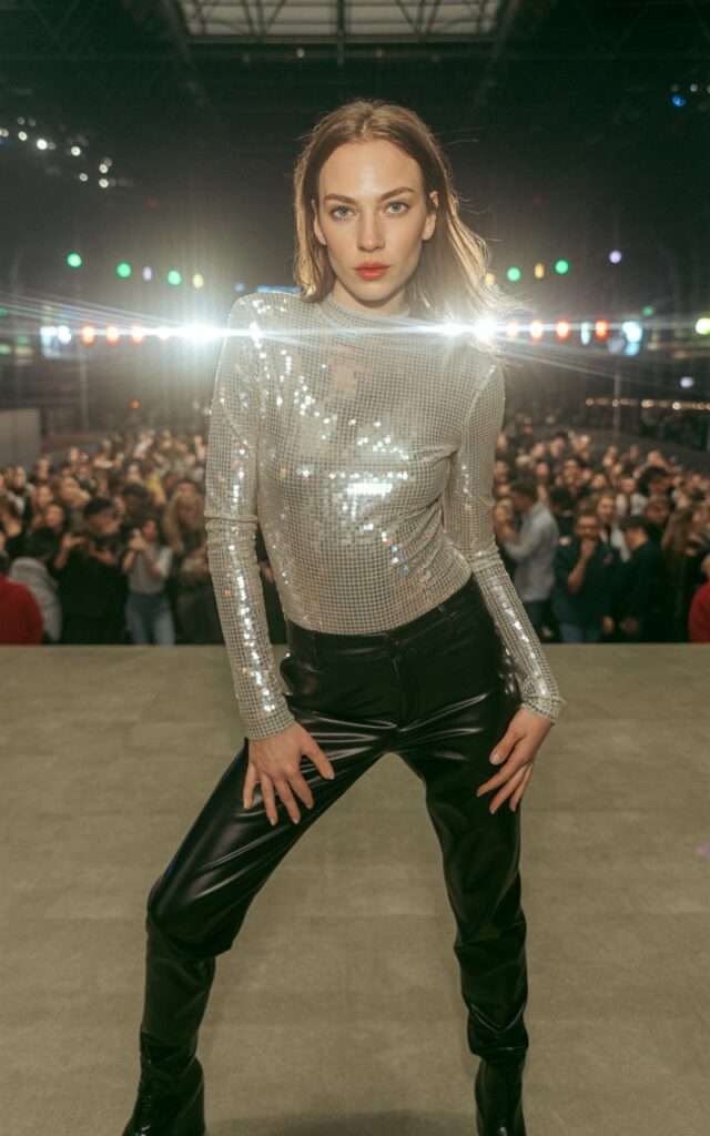 Full-body view of a white-skinned model with symmetrical face, sharp jawline, wearing a silver sequined bodysuit, black leather pants, and ankle boots. Indoor concert stage with lights and crowd blurred. Spotlight lighting creating reflections on the sequins. Model standing confidently, hand on hip, slightly playful expression. Soft skin texture, natural imperfections, realistic hair flow.
