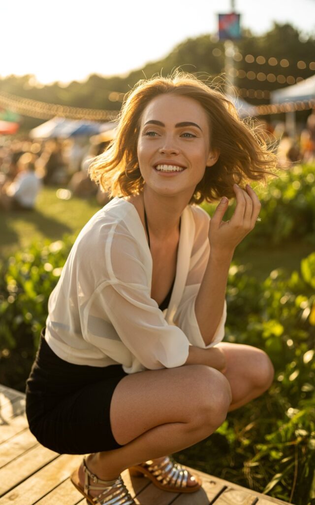 Full-body view of a white-skinned model with symmetrical face, wavy shoulder-length hair, wearing a sheer white blouse over a black bralette, black shorts, and sandals. Outdoor festival with greenery and string lights. Golden hour light. Model standing slightly angled, smiling, hand in hair. Visible skin texture, soft subtle makeup, natural hair movement.