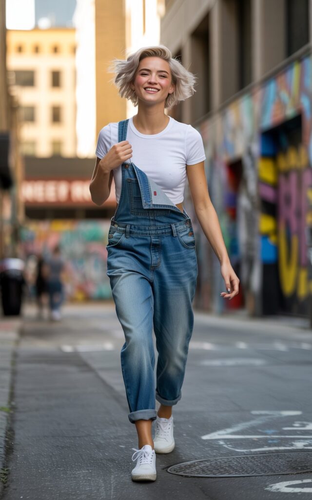 Full-body view of a white-skinned model with symmetrical features and short platinum hair, wearing blue denim overalls with one strap undone, a fitted white tee underneath, and white sneakers. Scene set in a graffiti-covered urban alleyway, soft golden hour light. Model is mid-step, playful grin, head slightly tilted, hands adjusting the undone strap. Realistic hair movement and skin texture visible.